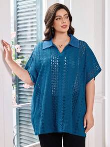 Lacomfia Embroidered Hollow Out Fashionable Loose Comfortable Turndown Collar Batwing Sleeve Versatile Blue Plus Size Shirt - Blue - View 4