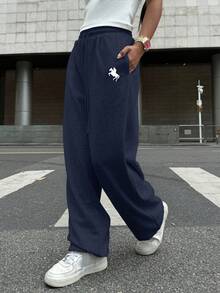 SHEIN EZwear 女士海军蓝色刺绣口袋抽绳腰部休闲运动裤 - 藏蓝色 - 查看 6