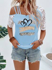 SHEIN LUNE Áo thun nữ họa tiết trái tim và da báo thêu ren, áo thun in hình báo gêpa cho nữ - Màu xanh nhạt - Xem 5