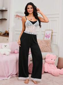 SweetSlumber Women Lace Patchwork Two Pieces Slip Pajamas Set - Black and White - View 4