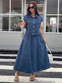 DAZY Women's Summer Casual Denim Vest & Mini Skirt 2-Piece Set - Blue - View 5