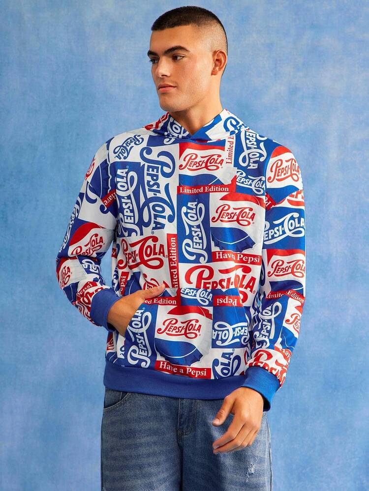 PEPSI X SHEIN 男士休闲字母图案长袖连帽衫，秋季 - 藍色 - 查看 4