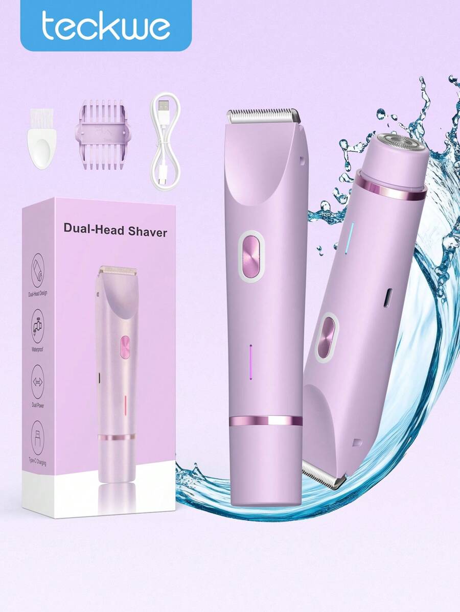 Teckwe Women Bikini Trimmer, Dual-Head Hair Trimmer For Women, 2-In-1 Bikini Shaver With Ceramic Blade Heads & Type-C Charging Port, Electric Razors For Women Pubic Hair,Underarms,Legs,Arms,Face,Purple - Purple - View 1