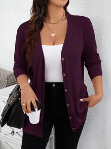 SHEIN LUNE Plus Size Women's Solid Color Fall Sweater Cardigan With Pockets Holiday Plus Size Cardigan,Fall Clothes For Women Autumn - Maroon - View 4