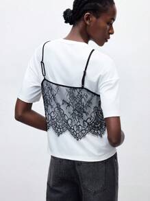 Maija 2025 年夏季新款黑色蕾丝吊带背心，合身无袖上衣，百搭可拆卸肩带，黑白撞色，时尚休闲都市优雅浪漫商务休闲办公室派对海滩音乐节婚礼宾客早午餐街头装机场返校秋季时尚 Y2K - 黑與白 - 查看 3