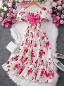 Teen GirlFloral All Over Print Short Sleeve Shift Dress - Multicolor - View 1