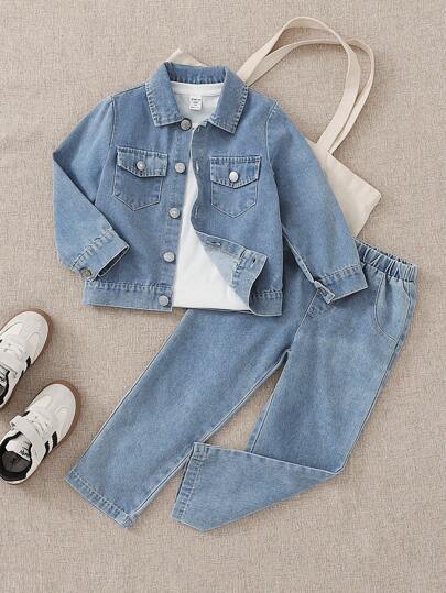 SHEIN 2 件套幼儿男童水洗棉牛仔服装，前开领，金属纽扣，2 个口袋，松紧腰带，舒适，适合秋冬休闲穿着