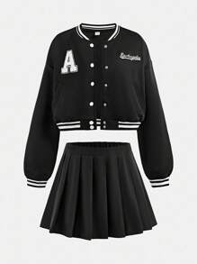 SHEIN Teens Girls Casual Letter Print Crop Baseball Jacket & A-Line Skirt 2-Piece Set, Comfortable & Simple - Black - View 2