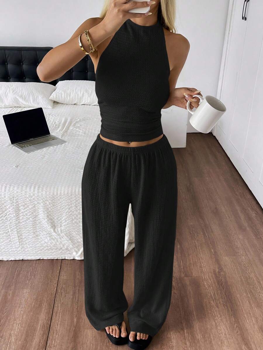 SHEIN EZwear 女式夏季露背上衣和长裤套装 - 黑色 - 查看 1