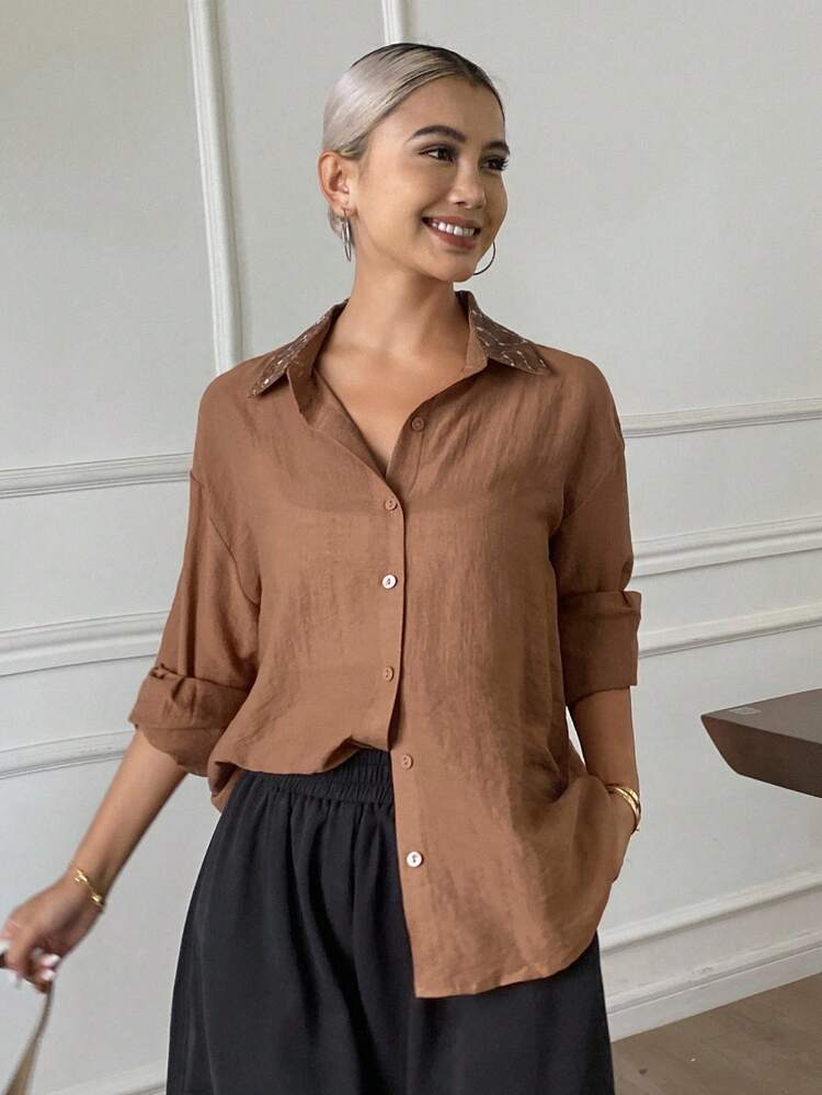 Women's Solid Color Sequin Patchwork Loose Long Sleeve Casual Holiday Blouse, Autumn