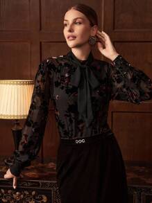 ZEYLAH Women's Long Sleeve Elegant Floral Jacquard Keyhole Top, Autumn/Winter - Black - View 6