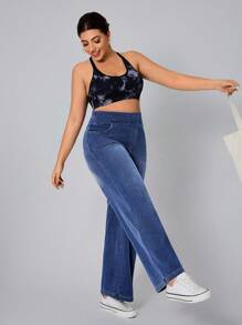 SHEIN CURVE+ 大码女式蓝色松紧腰休闲阔腿牛仔裤，牛仔牛仔风格 - 藍色 - 查看 5