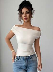 Elenzga Damen Sommer Strick elastisch anliegende asymmetrische Schulter Rüschen Metall Knopf Lässig Elegant T-Shirt - Aprikosenfarben - Übersicht 5