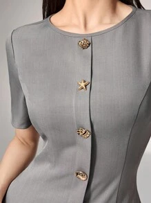 Heiryn Elegant Commuter Asymmetric For Women,  Pleated Dress,  Grey Dresses For Women, Button Dress, Women Clothing Elegant, Grey Pleated Dress,Back To School,Back To School Outfit,Fall Outfits Women,Autumn Clothes,Autumn,Fall Dresses For Women,Autumn Dress,Fall Dresses