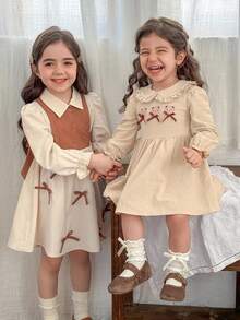 LMoss Kids LMoss Kids Young Girl Woven Contrast Color Polo Collar Casual 2 In 1 Dress Toddler Girl Dress Beige Dress For Kids Girls Autumn Dress Girls Spring Dress French Style Dress Kids Kids Back To School Kids Vintage Style Dress Girls Co Ord Set Girl Clothes Sets Kids Vintage Dress French Style Dress Girls Vintage Style Toddler Dress Toddler Girl Dresses,Fall Dresses,Girls Spring Autumn French Style Dress ,Girls Long Sleeve Dress, Long Sleeves Kids Dress,Fall Dresses Winter