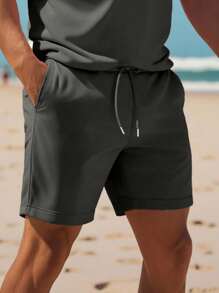 Manfinity Dauomo Men's Casual Solid Color Short Sleeve Polo Shirt And Shorts Set, Summer