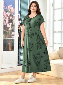 SHEIN Lacomfia Plus Size Summer Casual Floral Print Dress - Green - View 6