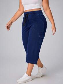 Flexra 大码女式抽绳腰锥形七分牛仔裤 - 藍色 - 查看 6