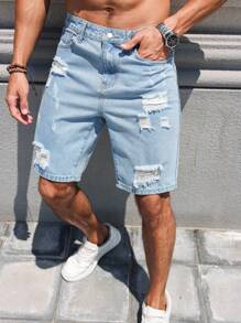 Manfinity LEGND Stylish Light Wash Distressed Denim Bermuda Shorts For Men Perfect For Relaxed Summer Boyfriend & Husband Washed Blue Loose Wide Leg For Going Out Denim Shorts