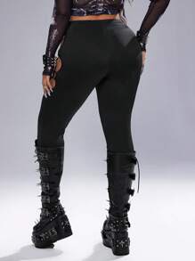 Whyspr 大码女式圆链装饰镂空修身打底裤 - 黑色 - 查看 2