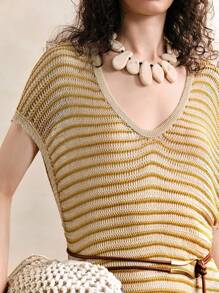 Arave Women's Fashionable Casual Loose Striped Midi Dress,Vacation Outfits Women,Vacation Dresses,Crochet Dress,Women Cover Up,Boho Dress Women,Hawaii Outfits Women,Beach Dresses For Women,Beach Vacation Outfits,Fairycore,Classy Outfits For Women,Beach Dresses For Women Knitted Sweater - Green - View 2