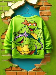 TEENAGE MUTANT NINJA TURTLES | SHEIN Young Boy Cartoon Turtle Print Green Casual & Cute Long Sleeve Crew Neck Sweatshirt Fall Winter - Green - View 2