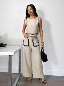 SHEIN PETITE Bộ trang phục mùa hè 2 món cho nữ, áo sơ mi viền tương phản và quần dài đơn giản rộng rãi đi làm - Màu be - Xem 8