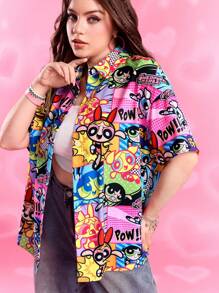 THE POWERPUFF GIRLS X SHEIN 大尺碼女款夏季 Y2K 休閒度假返校學院風可愛寬鬆粉色花朵圖案前排扣短袖襯衫 生日禮物 - 彩色 - 查看 5