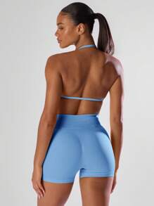 Musera Sport 纯色褶皱露背吊带运动文胸，舒适透气，适合健身房、跑步、俱乐部、板式网球、网球、匹克球、瑜伽、普拉提等运动，秋季日常休闲穿着。