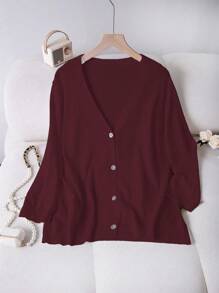 Linhara Cárdigan casual versátil de talla grande de unicolor - Burdeos - Ver 1