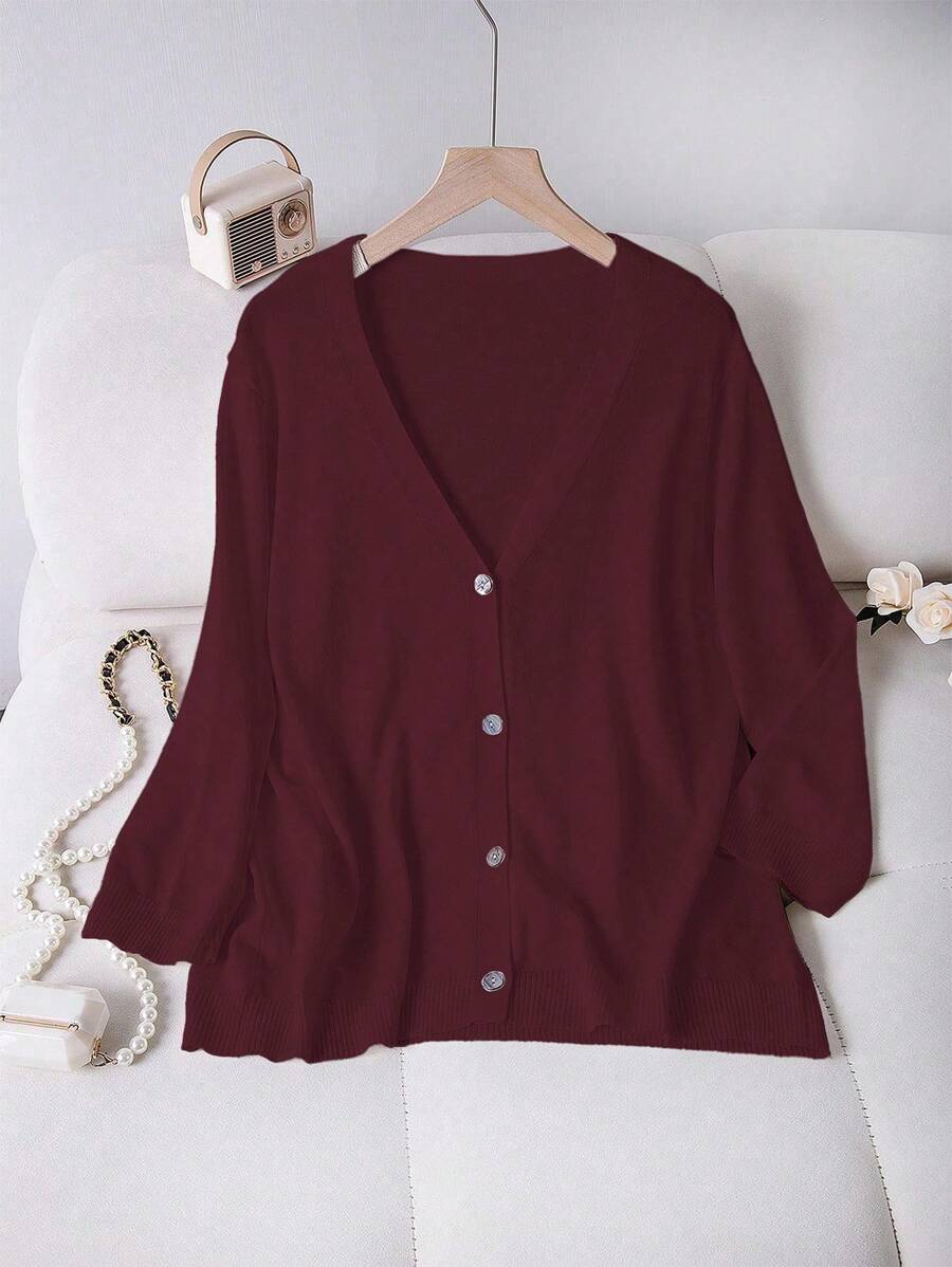 Linhara Cárdigan casual versátil de talla grande de unicolor - Burdeos - Ver 1