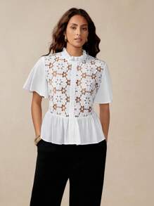 Florisole Women's Elegant White Lace Panel Blouse, Featuring A Sophisticated Semi-Sheer Design, Ruffled Stand Collar, And Stylish Short Sleeves With A Flattering Peplum Hem. All White - White - View 7