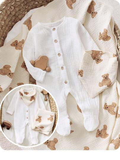 SHEIN 新生女婴可爱休闲卡通熊印花长袖连体衣带毯子和围巾礼品套装，适合春秋季