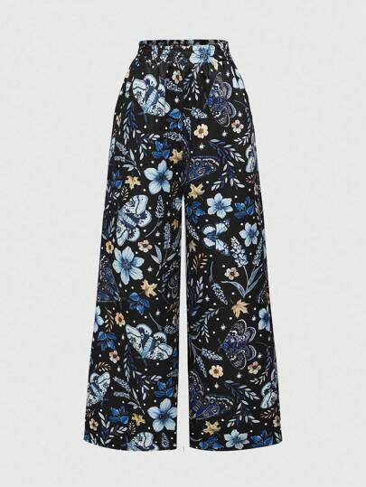 Pantalones largos con estampado floral, mariposas y polillas para mujer con estilo "Fairycore"