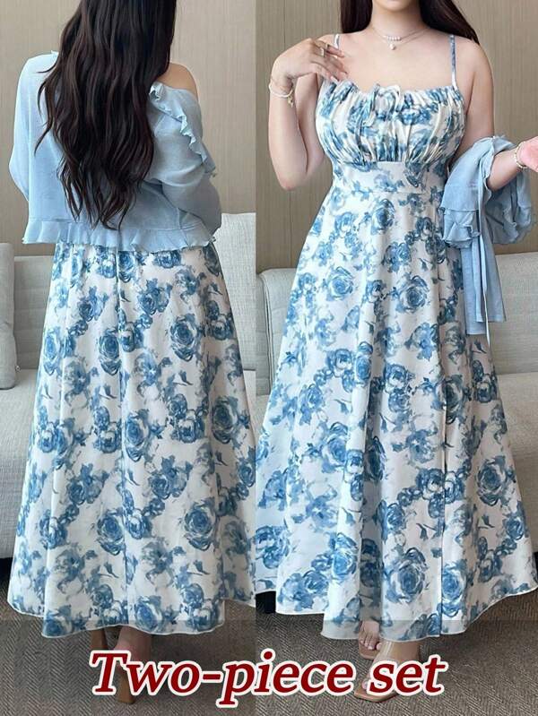 Vibekara 2pcs Plus Size Women's Spring/Summer Set: Ruffled Collar Long Sleeve Textured Knit Cardigan + Crew Neck Pleated Bowknot Strap Floral Print Flare Dress With Slit, Elegant Vintage Casual Holiday