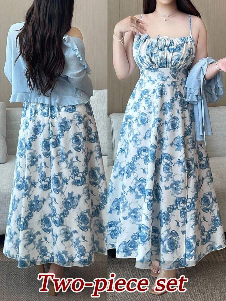 Flirla 2 件大码女式春夏套装：荷叶边领长袖纹理针织开衫 + 圆领褶饰蝴蝶结吊带花卉印花开衩喇叭裙，优雅复古休闲假日 - 藍白色 - 查看 1
