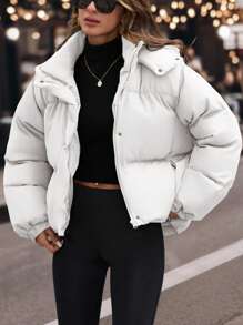 EURMUSE Drawstring Hem Hooded Drop Shoulder Quilted Women's Crop Down Jacket - White - View 5