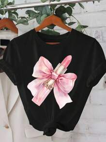 INAWLY Women's Bow And Lipstick Print Loose Round Neck T-Shirt - Multicolor - View 1