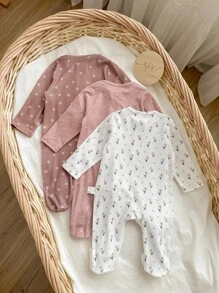 SHEIN 3件套新生女婴休闲针织碎花弹力连体衣套装