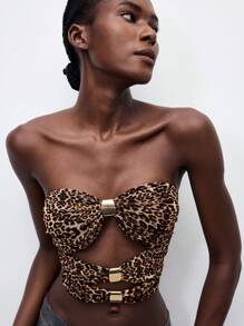 Maija Women Leopard Print Asymmetrical Hollow Out Cami Top,Shades Of Brown Summer Chic Club Night Metal Decoration Sleeveless Cropped Top,Y2K Street Style - Coffee Brown - View 1