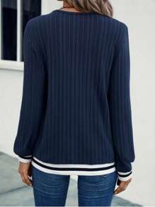 SHEIN LUNE 休闲百搭条纹装饰运动衫 - 藏蓝色 - 查看 2