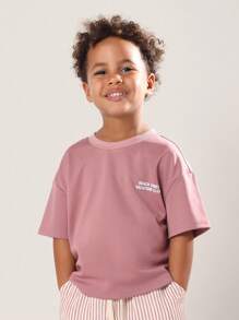 SUMWON 海滩氛围度假俱乐部儿童夏季卡普里意大利印花T恤短裤套装休闲酷炫假日休闲装地中海时尚男童套装 - 藕粉色 - 查看 3