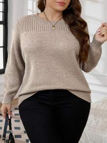 SHEIN CURVE+ 大码女士优雅休闲针织毛衣上衣，适合秋冬季节穿着 - 卡其色 - 查看 1