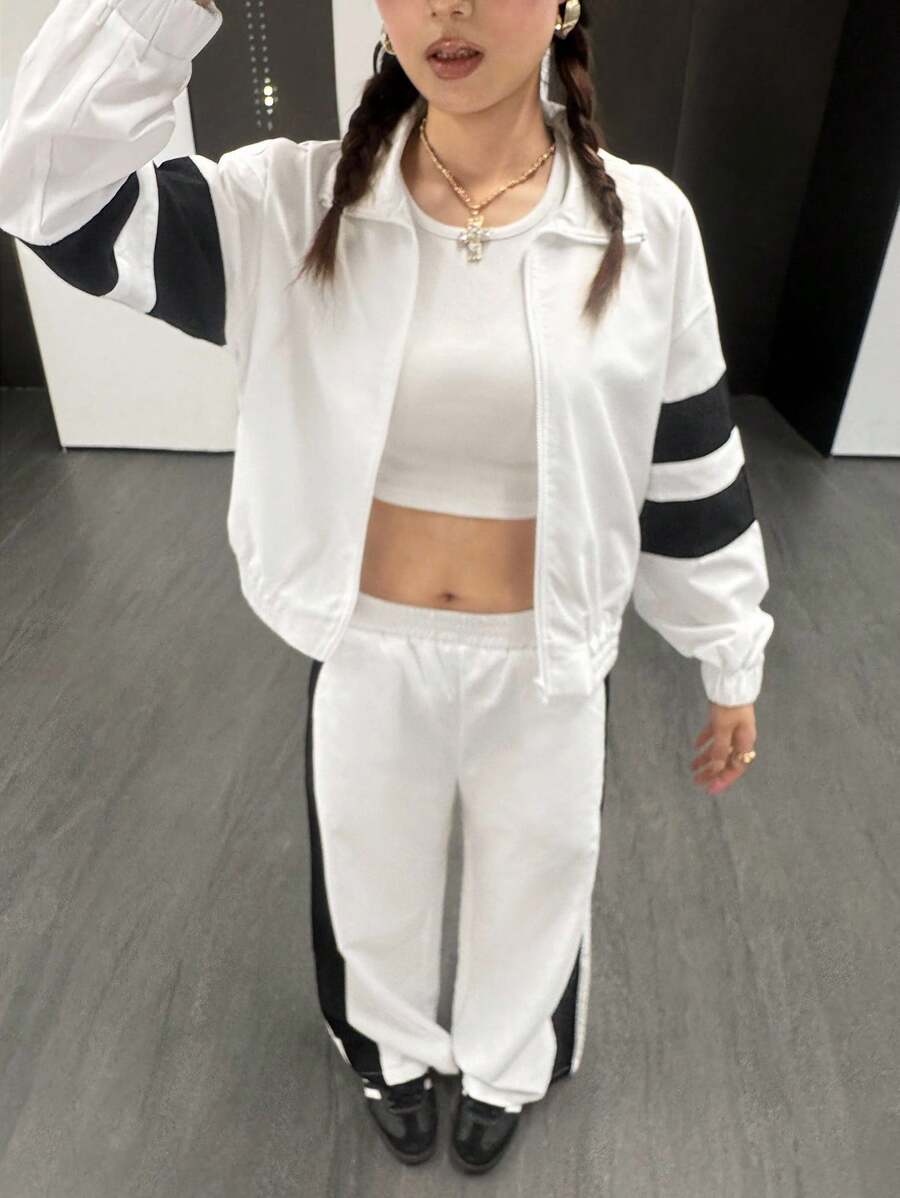SHEIN 少女宽松休闲拼色连帽衫和运动裤套装,舒适 - 白色 - 查看 1