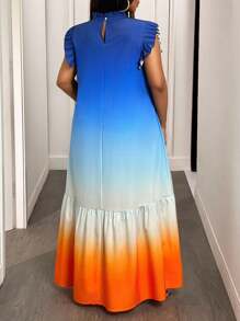 Slaydiva 加大度假日常休闲日常出游宽松渐变印花无袖荷叶边拼接立领女装加大码特长连衣裙2025春夏 - 彩色 - 查看 2