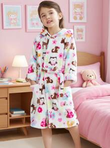1pc Girls' Cartoon Coral Fleece Hooded Bathrobe, Home Clothes, Gift, Cute