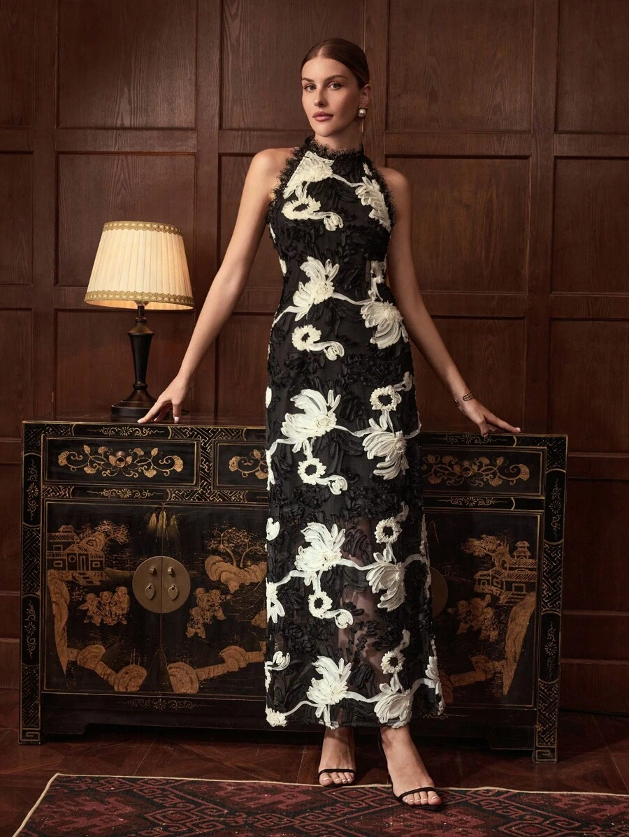 ZEYLAH 双色立体花朵蕾丝边开衩后背挂脖连衣裙 秋冬 - 黑色 - 查看 1
