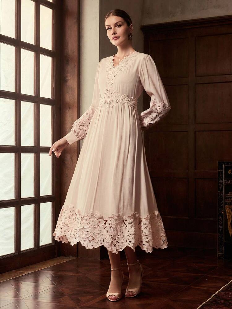 ZEYLAH Women's Long Sleeve Lace Patchwork Dress, Autumn/Winter