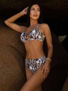Carolina Barros Conjunto de bikini de cintura alta con estampado de piel de serpiente y anillos, ideal para la playa de verano - Multicolor - Ver 5