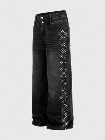 Street Life Jeans de corte holgado con cinturón de diamantes de colores para hombre